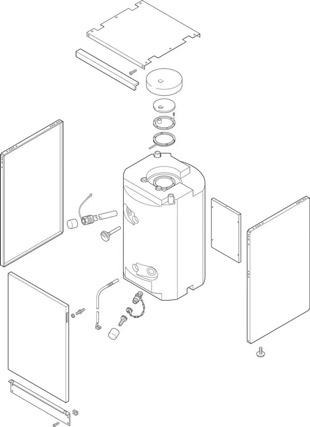 Explosionsdarstellung eines Bosch-Speichers mit dem Zylindermodul, Abdeckplatten, Anschlussleitungen und weiteren Komponenten, die zur Montage erforderlich sind.